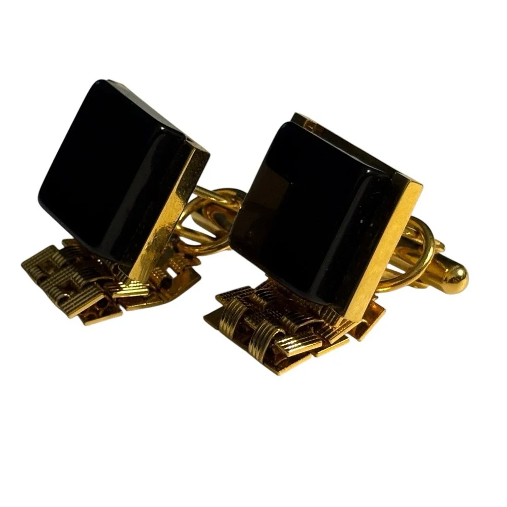 Vintage Cufflinks Black Lucite Wrap‎ Around Gold Tone Watch Band Style Chain